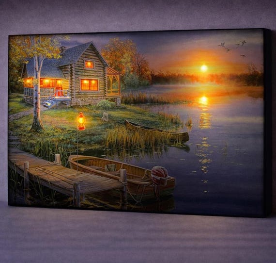 LED Lakeside Cabin Canvas Art, Battery Powered Illuminated Wall Art, Cozy Waterfront Decor, Rustic Home Accent, Unique Gift Idea