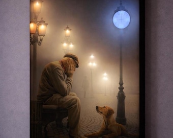 LED Illuminated Canvas Art – Heartwarming Old Man & Dog Scene, Emotional Wall Decor, Soft Light Artwork, Meaningful Home Gift