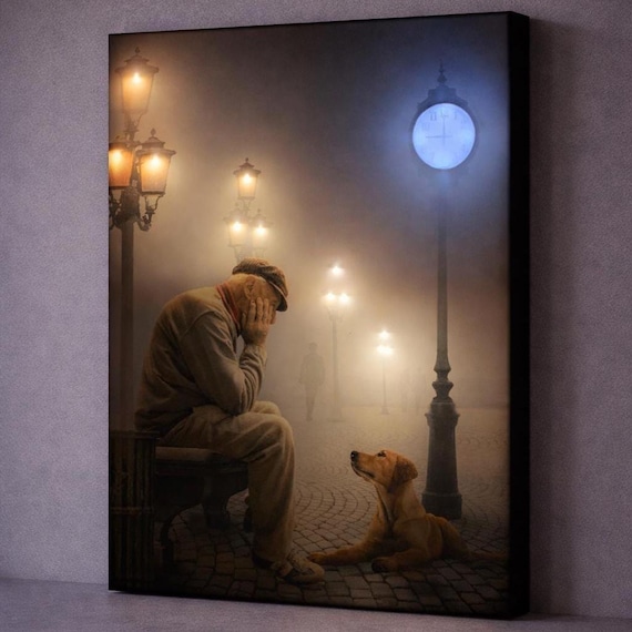 LED Illuminated Canvas Art – Heartwarming Old Man & Dog Scene, Emotional Wall Decor, Soft Light Artwork, Meaningful Home Gift