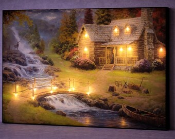 LED Riverside Cabin Canvas Art, Illuminated Log Cabin Wall Art, Forest Stream Wildlife Landscape, Cozy Nature Home Decor