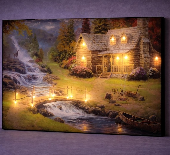 LED Riverside Cabin Canvas Art, Illuminated Log Cabin Wall Art, Forest Stream Wildlife Landscape, Cozy Nature Home Decor