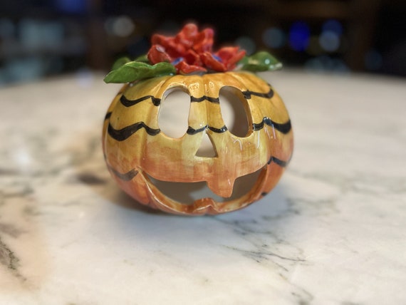 Handmade Ceramic Halloween Pumpkin Tealight Holder: Red Flower Decor