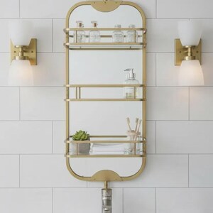 360 Rotating Wall Mirror with Shelf – Luxury Stainless Steel Bathroom Vanity Makeup Mirror – BRASS/Gold/Chrome/Black/Antique Finish Options image 3