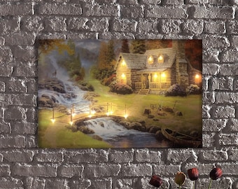 LED Illuminated Canvas Art Riverside Cabin Canvas Wall Art with Wildlife and Scenic Nature Scene,Nature-Inspired Print,Lake House LED Canvas