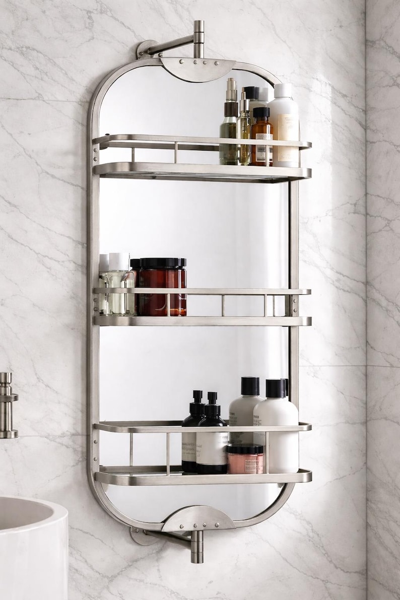 360 Rotating Wall Mirror with Shelf – Luxury Stainless Steel Bathroom Vanity Makeup Mirror – BRASS/Gold/Chrome/Black/Antique Finish Options image 11