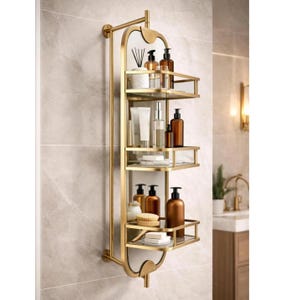 360 Rotating Wall Mirror with Shelf – Luxury Stainless Steel Bathroom Vanity Makeup Mirror – BRASS/Gold/Chrome/Black/Antique Finish Options image 2