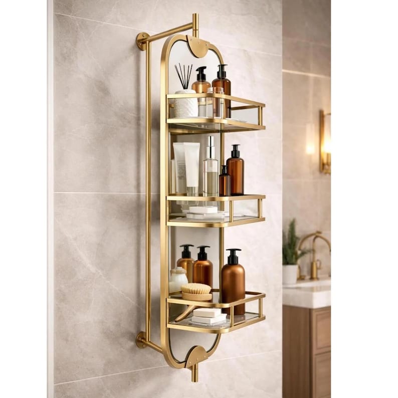 360 Rotating Wall Mirror with Shelf – Luxury Stainless Steel Bathroom Vanity Makeup Mirror – BRASS/Gold/Chrome/Black/Antique Finish Options image 2