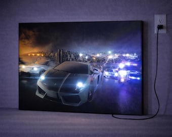LED Racing Car Canvas Art Police Pursuit Wall Decor, Lighted Supercar Night Scene, Gamer Room Decor, Gift for Him, Car Lover Wall Art
