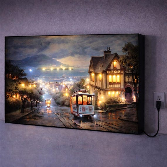 LED San Francisco Canvas Art – Rainy Night Cityscape, Illuminated Wall Decor, Lighted Urban Print, Gift for Home, Bedroom or Office