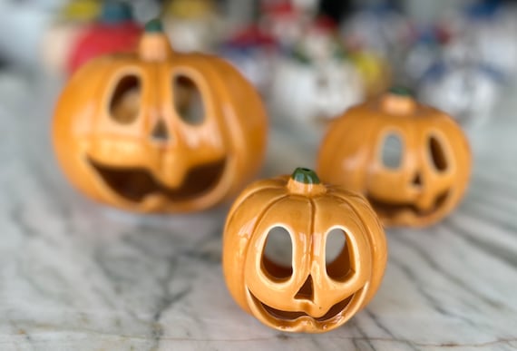 Hand-Painted Ceramic Pumpkin Tealight Holders: Halloween Luminaries, Set of 3