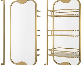 360 Rotating Mirror with Shelves UNLACQUARED SOLID BRASS Swivel Mirror with Storage, Swivel Vanity Mirror with Storage, Bathroom Mirror