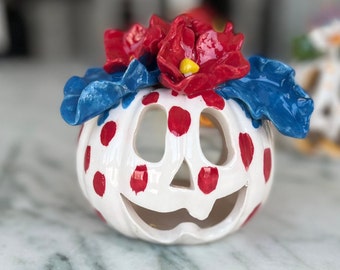 Ceramic Halloween Pumpkin Tea Light Holder Unique Design-red and white,red flowers blue leaf on top, colorful unique halloween pumpkin