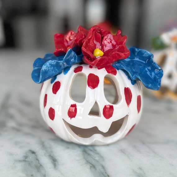 Handmade Ceramic Halloween Pumpkin Tea Light Holder: Red Flowers & Blue Leaf