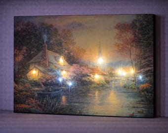 LED Lakeside Cottage Canvas Art, Rustic House Wall Decor with Lights, Romantic River Landscape, Battery Powered Cozy Wall Art, Cabin Scene