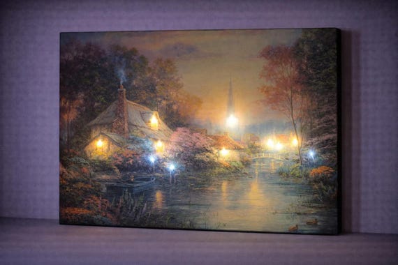 LED Lakeside Cottage Canvas Art, Rustic House Wall Decor with Lights, Romantic River Landscape, Battery Powered Cozy Wall Art, Cabin Scene
