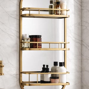 360 Rotating Wall Mirror with Shelf – Luxury Stainless Steel Bathroom Vanity Makeup Mirror – BRASS/Gold/Chrome/Black/Antique Finish Options image 9