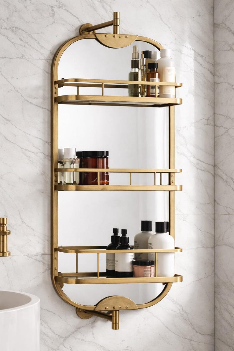 360 Rotating Wall Mirror with Shelf – Luxury Stainless Steel Bathroom Vanity Makeup Mirror – BRASS/Gold/Chrome/Black/Antique Finish Options image 9