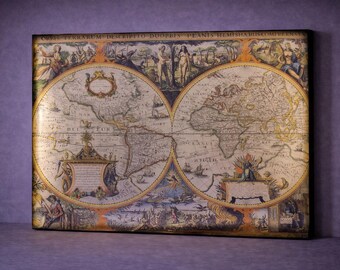 LED Vintage World Map Canvas Art, Illuminated Antique Map Wall Decor, Historical Globe Artwork, Study Office Wall Art Battery Lighted Canvas