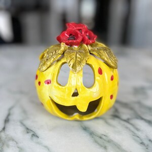 Handmade Ceramic Halloween Pumpkin Tealight Holder: Yellow with Red Flowers
