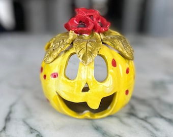 Ceramic Halloween Yellow Pumpkin Tea Light Holder Unique Design-red flowers on top, colorful unique halloween pumpkin, handmade pumpkin