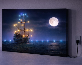 LED Illuminated Canvas Art – Full Moon Ocean Voyage, Nautical Wall Decor, Lighted Seascape Print, Bedroom or Living Room Accent Gift