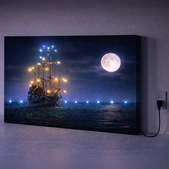 LED Illuminated Canvas Art – Full Moon Ocean Voyage, Nautical Wall Decor, Lighted Seascape Print, Bedroom or Living Room Accent Gift