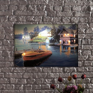 LED Illuminated Canvas Art Twilight Lakeside Cottage Canvas Wall Art - Lakeside Retreat Decor, Light Up LED Canvas Wall Decoration Art