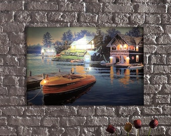 LED Illuminated Canvas Art Twilight Lakeside Cottage Canvas Wall Art - Lakeside Retreat Decor, Light Up LED Canvas Wall Decoration Art