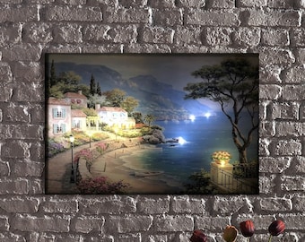 LED Illuminated Canvas Art Coastal Village LED Light Up Canvas Art - Seaside Home Decor with Ocean View and Flower-Lined Walkway,Seashore