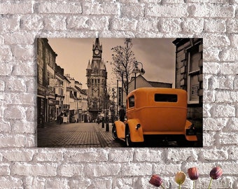 LED Illuminated Canvas Art Vintage Yellow Car at Clock Tower LED Light Up Canvas Art - Home Decor,Illuminated Classic Car Picture