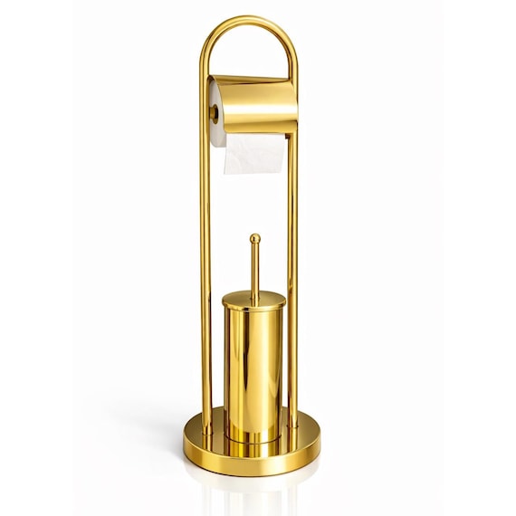 Free Standing Toilet Paper Holder with Brush – Stainless Steel Luxury Bathroom Set – Gold, Black, Chrome & Brass Finish Options