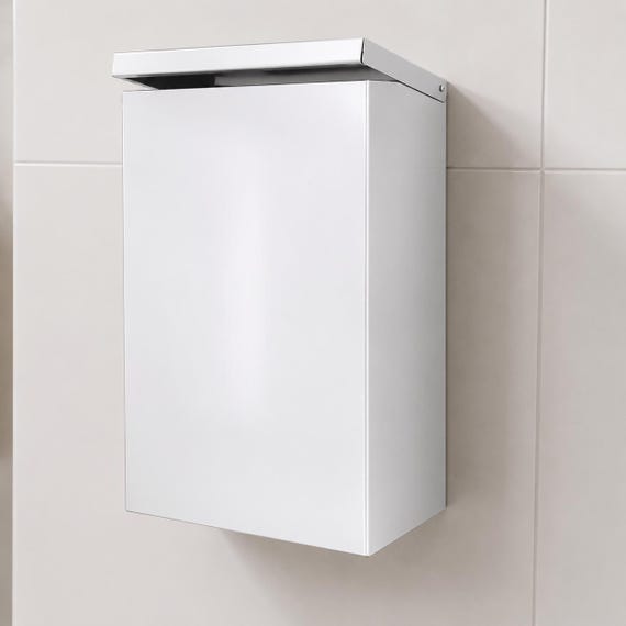 White Wall Mounted Bathroom Trash Can, Powder Coated Stainless Steel Waste Bin, Modern Restroom Garbage Can for Hotel, Office & Home