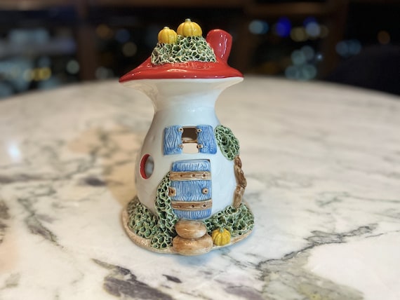 Handmade Ceramic Mushroom House Tealight Holder with Pumpkins
