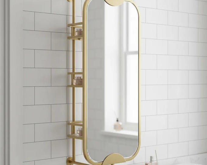 Featured listing image: Luxury Solid Brass 360 Swivel Bathroom Mirror with Shelves-Wall-Mounted Rotating Vanity Mirror | Storage + Mirror in One Elegant Design