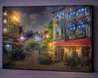 LED Backlit Canvas Wall Art, European Street Scene Painting, Romantic Café Night Decor, Battery Powered Lighted Wall Art, Gift Idea