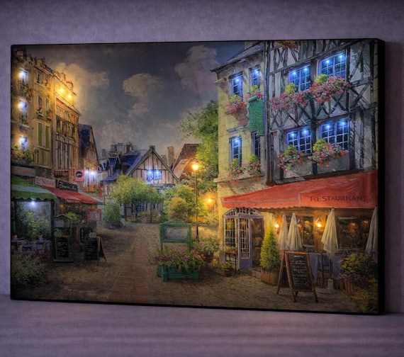 LED Backlit Canvas Wall Art, European Street Scene Painting, Romantic Café Night Decor, Battery Powered Lighted Wall Art, Gift Idea