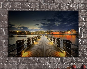 LED Illuminated Canvas Art Lakeside Serenity-Bask in the Beauty of a Lakeside Pier at Sunset,Twilight Lake Dock Lighted Canvas