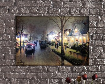 LED Illuminated Canvas Art Vintage Cityscape: Rainy Evening Nostalgia Decor,Retro Cityscape LED Canvas Print,Vintage Urban Scene Canvas