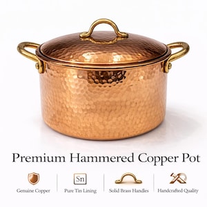 Olla de cobre martillado hecha a mano / Utensilios de cocina de cobre puro / Sartén de cobre revestida de estaño / Asas de latón macizo / Utensilios de cocina de lujo de regalo