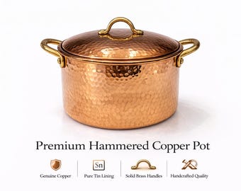 Handmade Hammered Copper Pot | Pure Copper Cookware | Tin Lined Copper Pan | Solid Brass Handles | Luxury Kitchen Cookware Gift