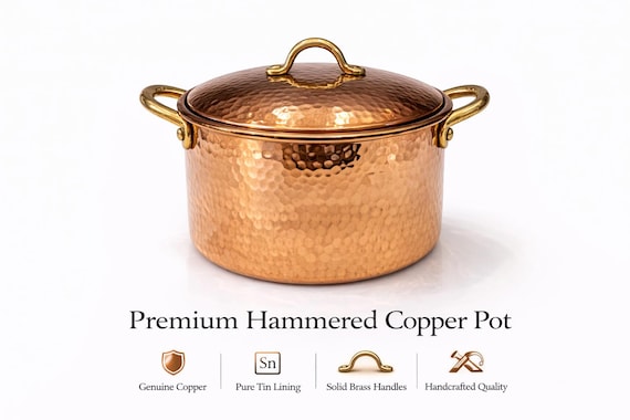 Handmade Hammered Copper Pot | Pure Copper Cookware | Tin Lined Copper Pan | Solid Brass Handles | Luxury Kitchen Cookware Gift