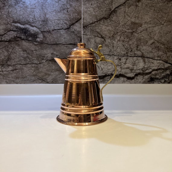 Handcrafted Conical Copper Milk Jug with Brass Handle: Embossed Design