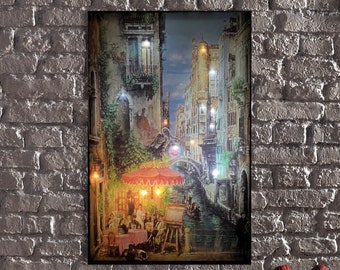 LED Illuminated Canvas Art Venetian Elegance-A Night in Venice-Elegant Venice Canal Dining LED Canvas Wall Art,LED Canvas Print of Venice