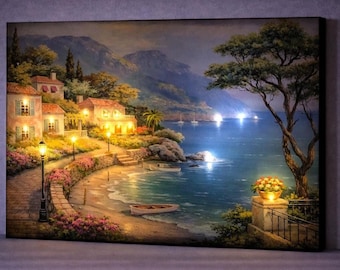 LED Coastal Village Canvas Art, Lighted Seaside Wall Decor, Battery Powered Illuminated Beach House Painting, Ocean Landscape Gift