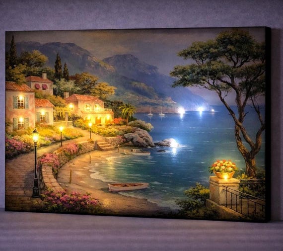 LED Coastal Village Canvas Art, Lighted Seaside Wall Decor, Battery Powered Illuminated Beach House Painting, Ocean Landscape Gift