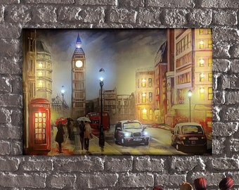 LED Illuminated Canvas Art London Nightscape - An Evening Stroll Amidst Iconic London Lights,Iconic London Landmarks Printing