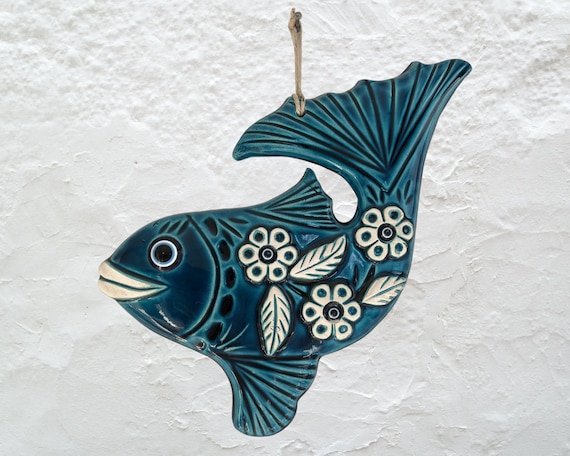 Handmade Turquoise Ceramic Fish Wall Decor: Coastal Art