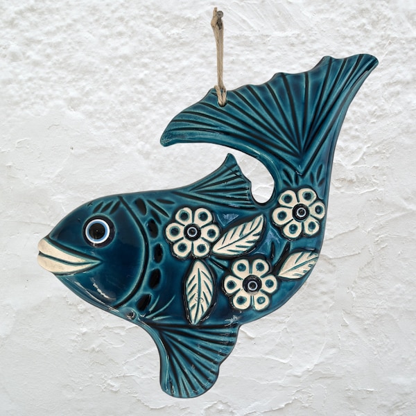 Handmade Turquoise Ceramic Fish Wall Decor: Coastal Art