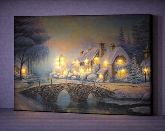 LED Winter Wonderland Canvas Art, Snowy Village Wall Decor Cozy Cottage Lighted Painting Battery Powered Christmas Wall Rustic Winter Scene