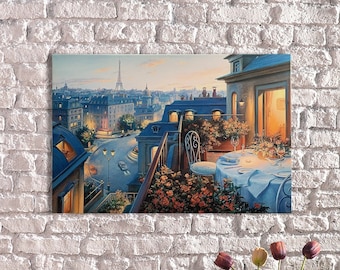 LED Illuminated Paris Evening Dinner Table with Eiffel Tower View-LED Backlit Canvas Art,Romantic Elegant Parisian Dinner Scene LED Wall Art